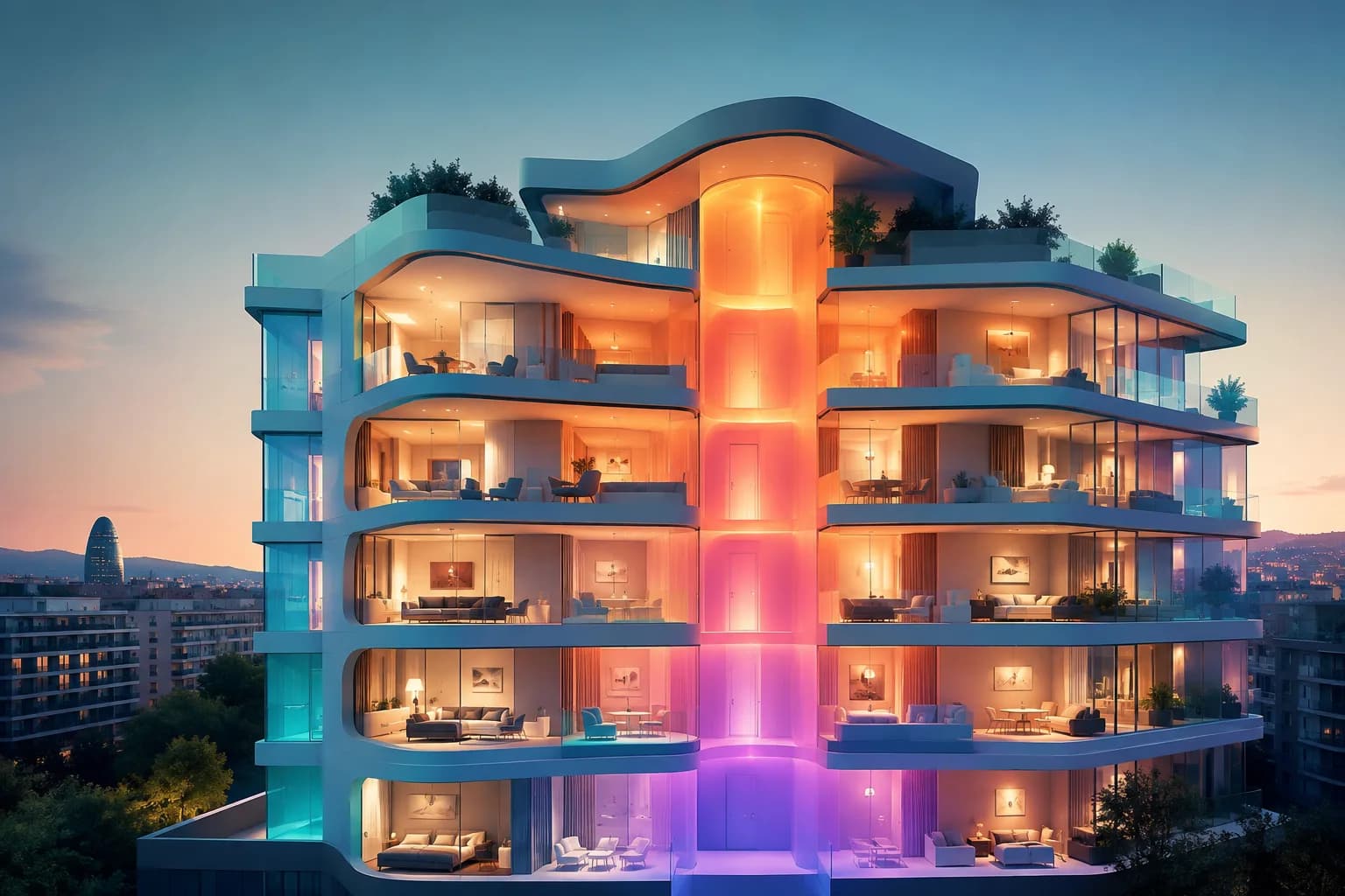 Edificio futurista iluminado por gradientes turquesa, naranja y violeta