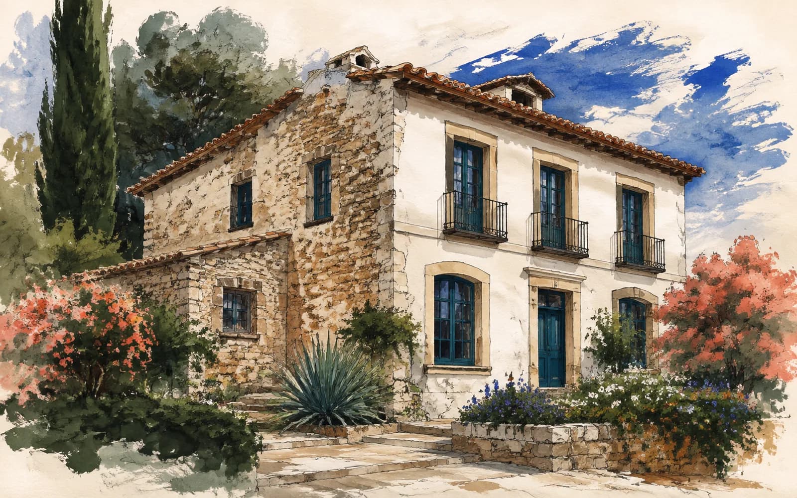 Ilustración pintada de una casa antigua con partes rehabilitadas