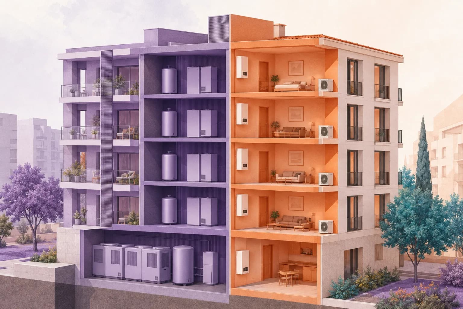 Edificio dividido entre una solución térmica centralizada y equipos individuales