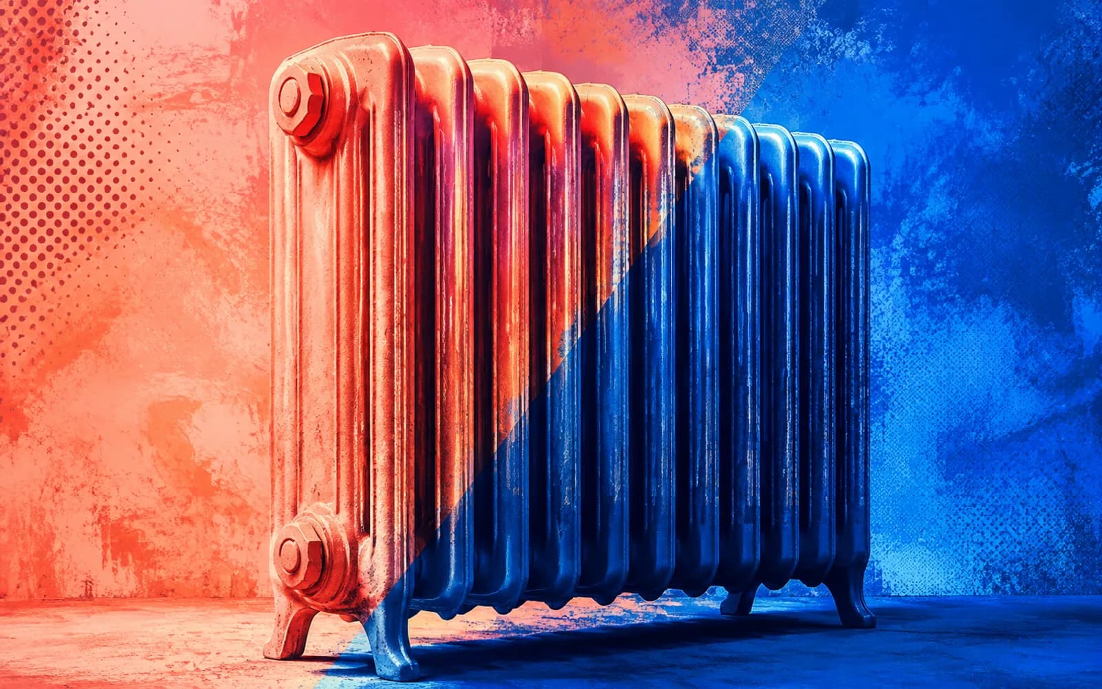 Radiador ilustrado entre una zona azul fría y otra coral cálida