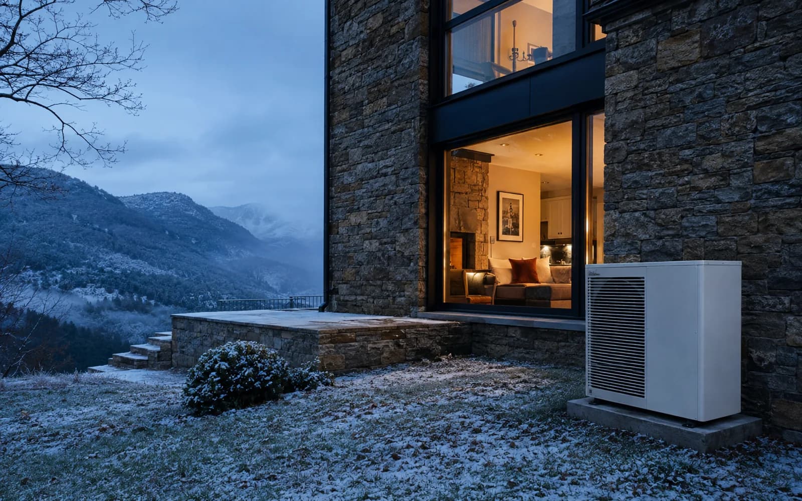 Casa con una unidad exterior durante una mañana fría de invierno