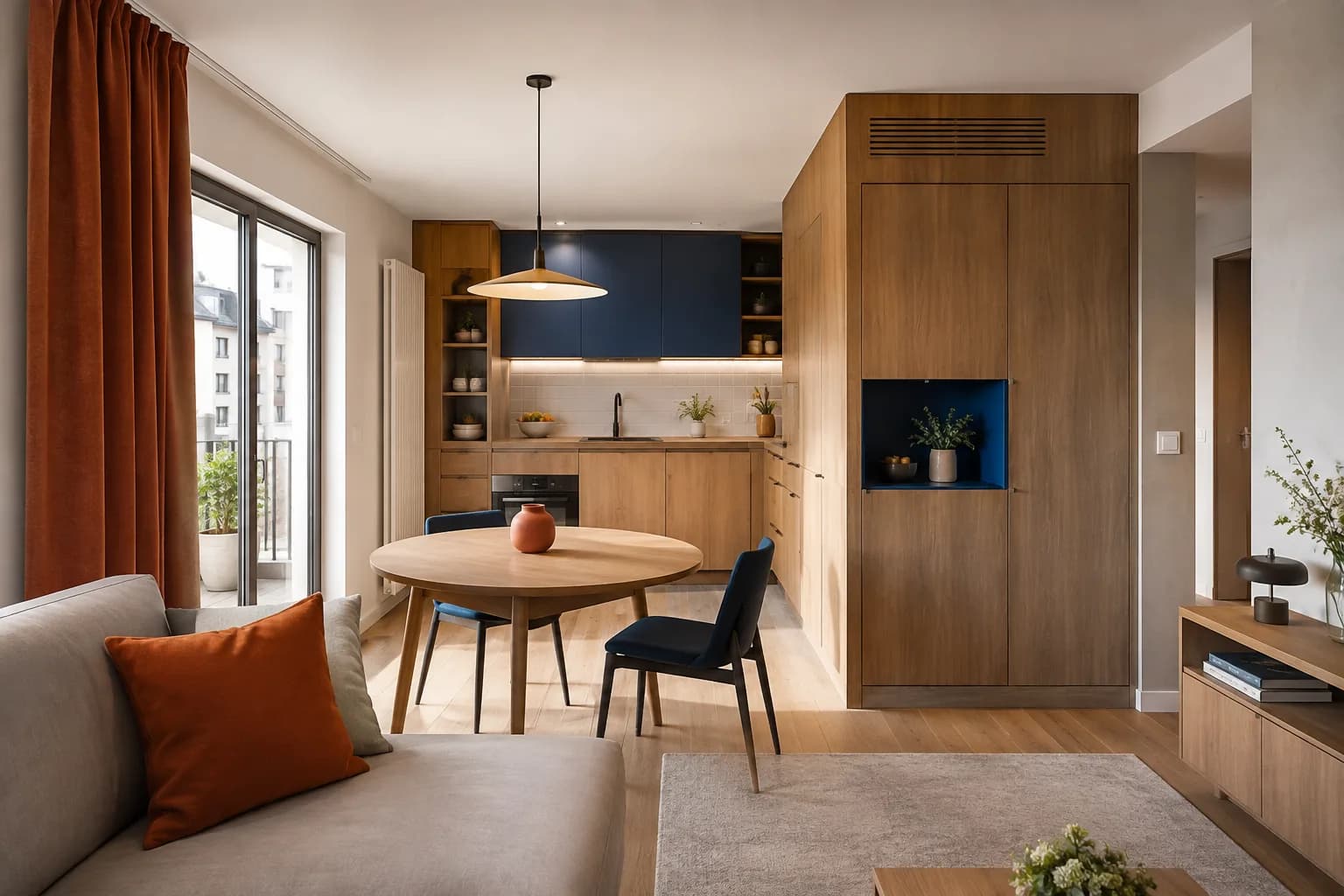 Interior compacto con almacenamiento integrado y detalles en madera, azul y naranja