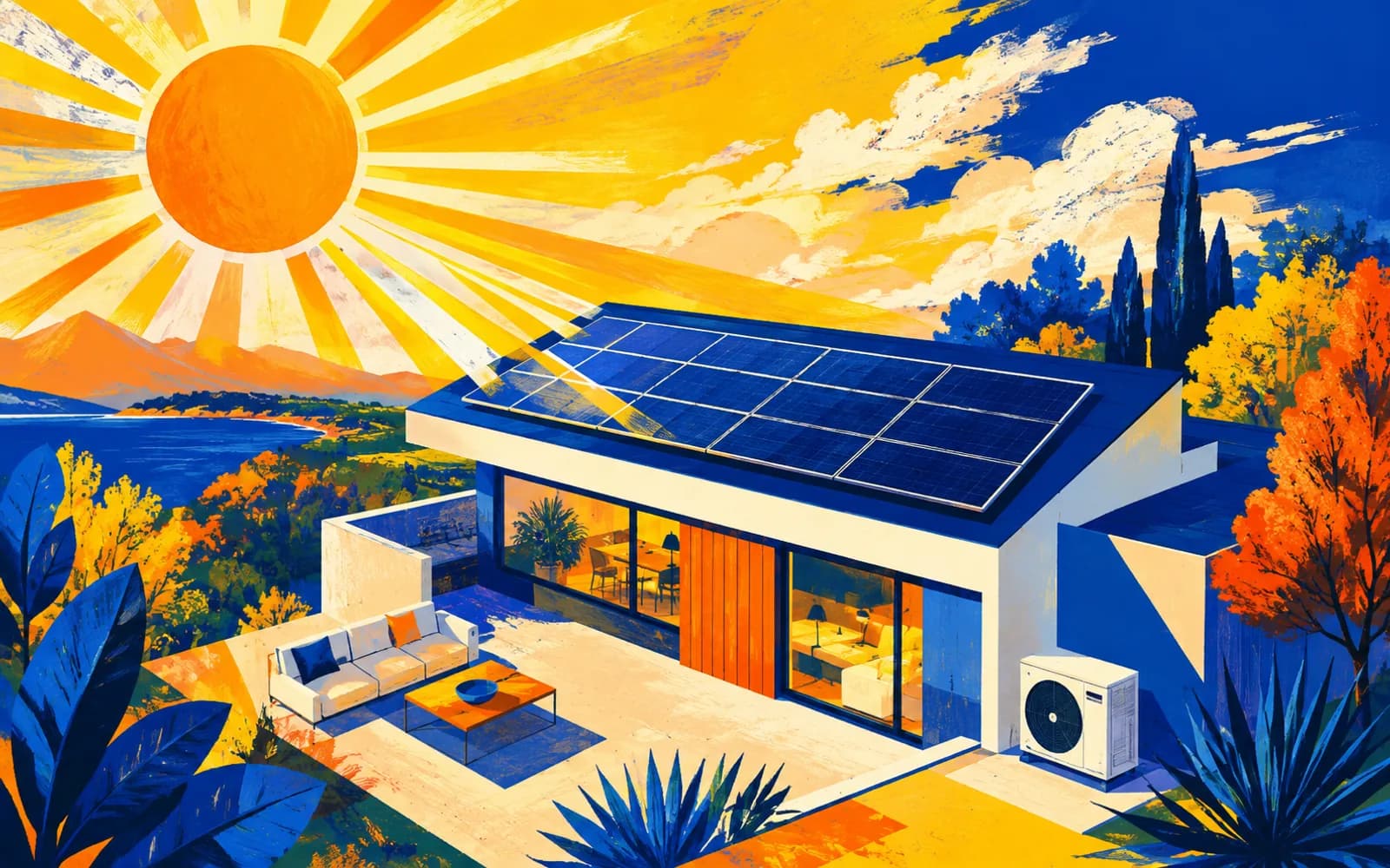 Ilustración aérea de una casa con paneles solares y unidad exterior