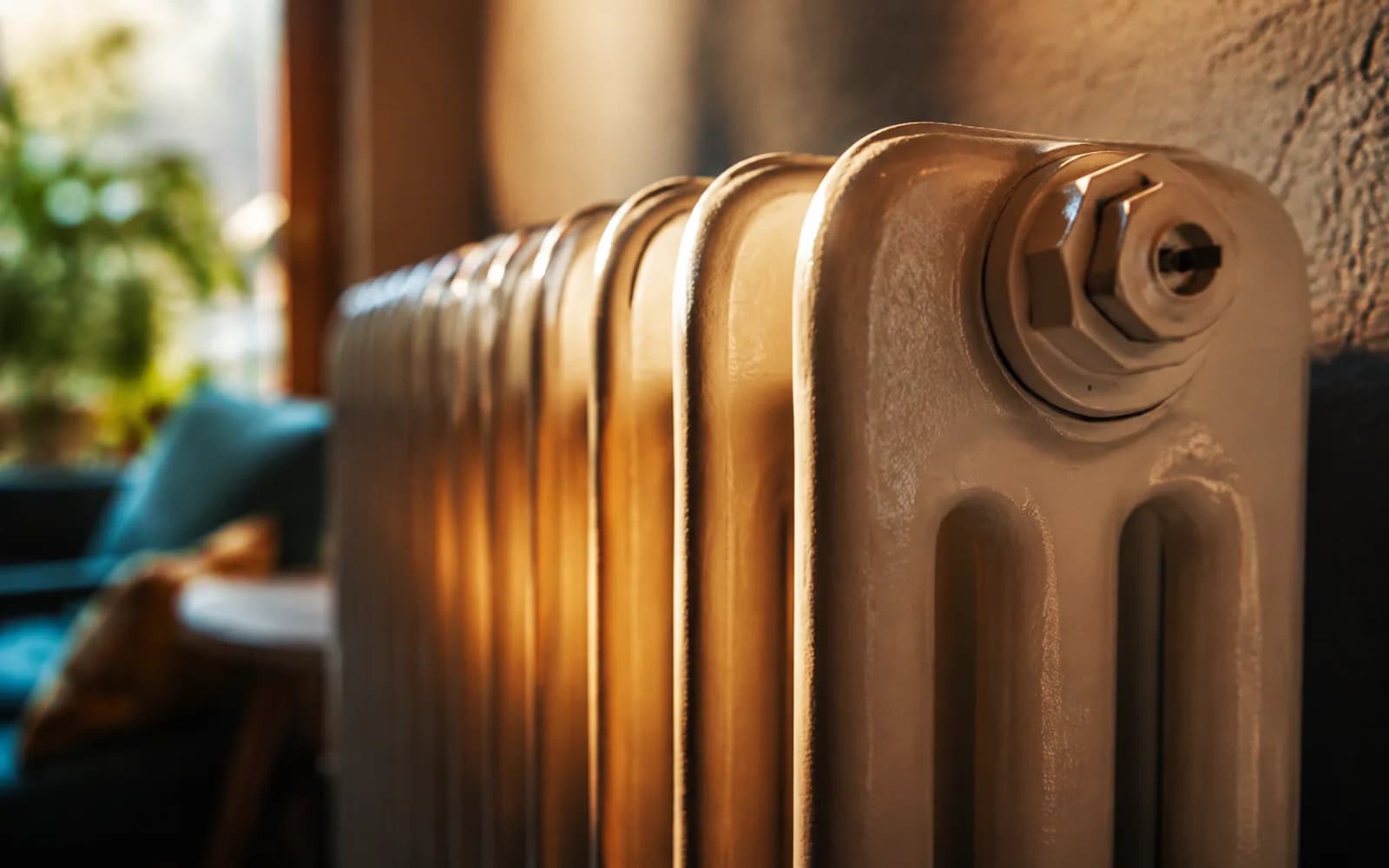 Detalle de un radiador doméstico iluminado por el sol