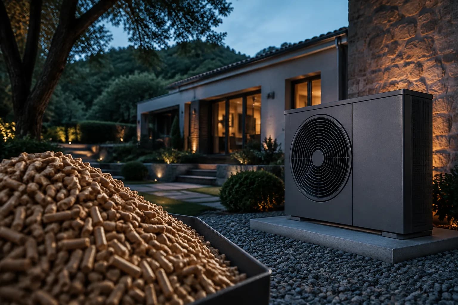 Pellets de madera y una bomba de calor junto a una vivienda al anochecer