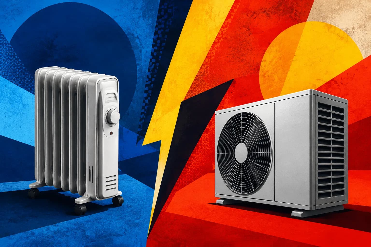 Composición pop-art con radiador eléctrico y unidad de bomba de calor