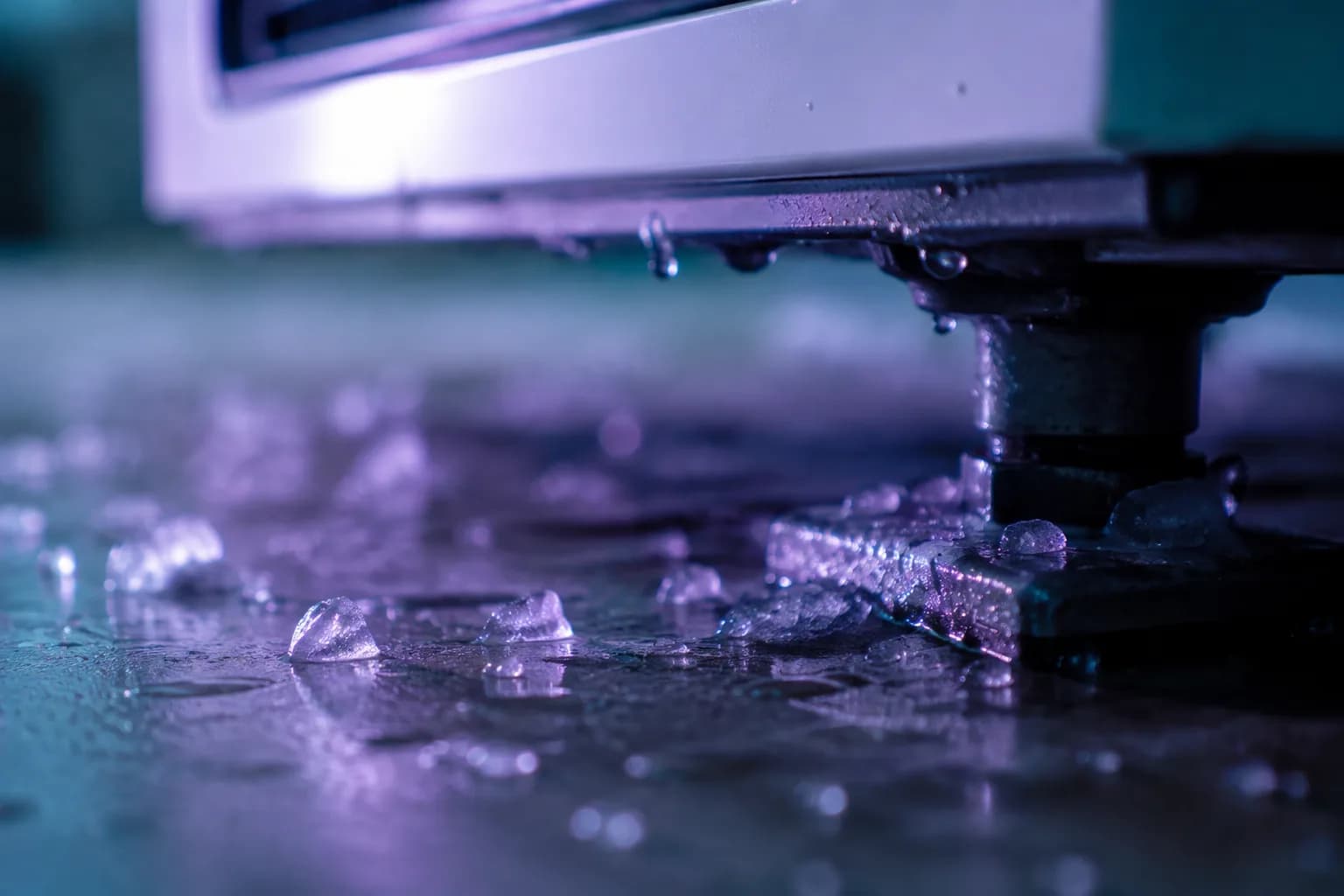 Gotas de agua y pequeños cristales de hielo bajo una unidad exterior