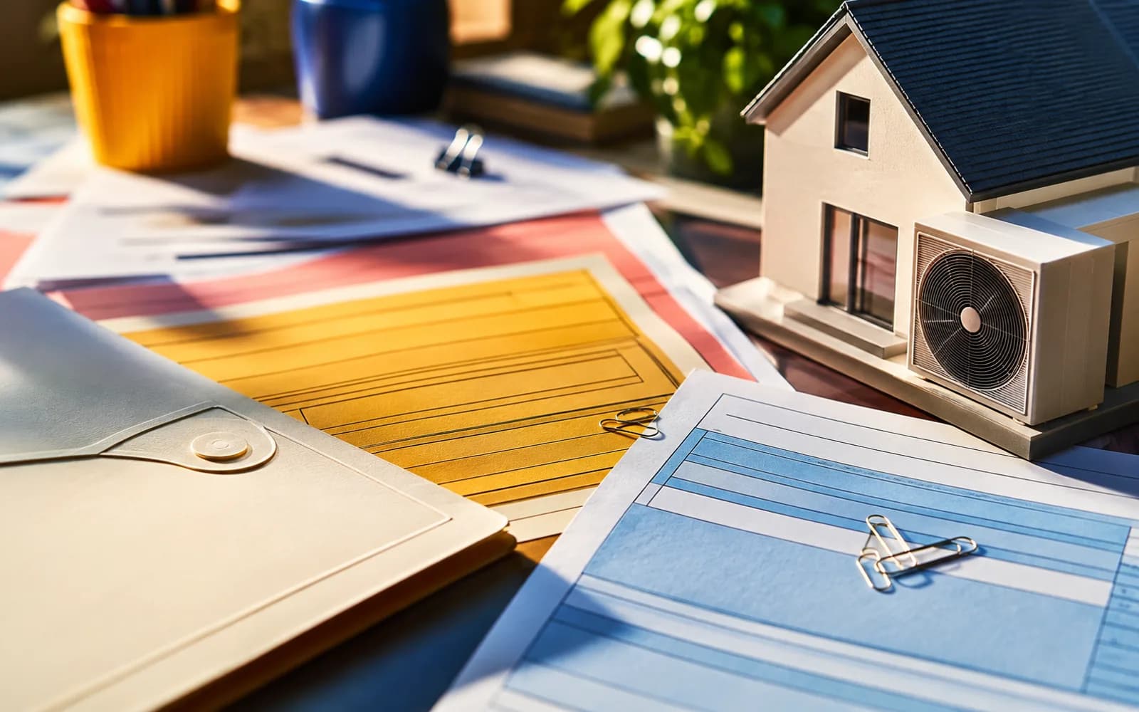 Formularios de colores y maqueta de una vivienda con bomba de calor