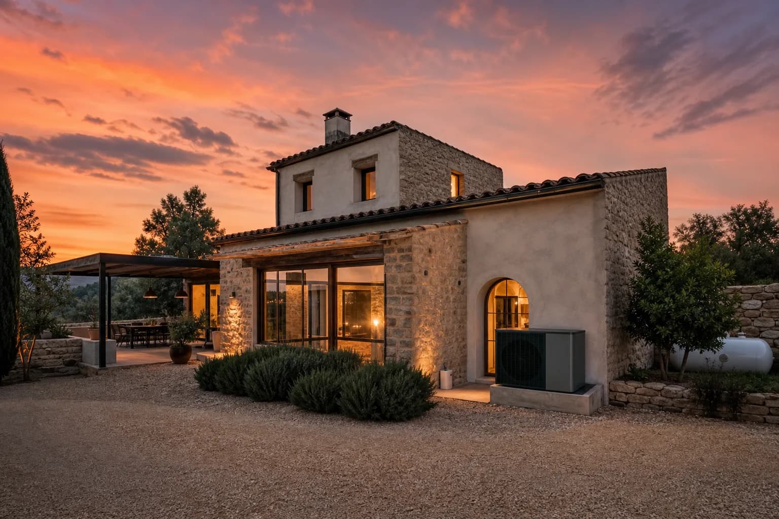Casa rural al atardecer con depósito de propano discreto y unidad exterior moderna