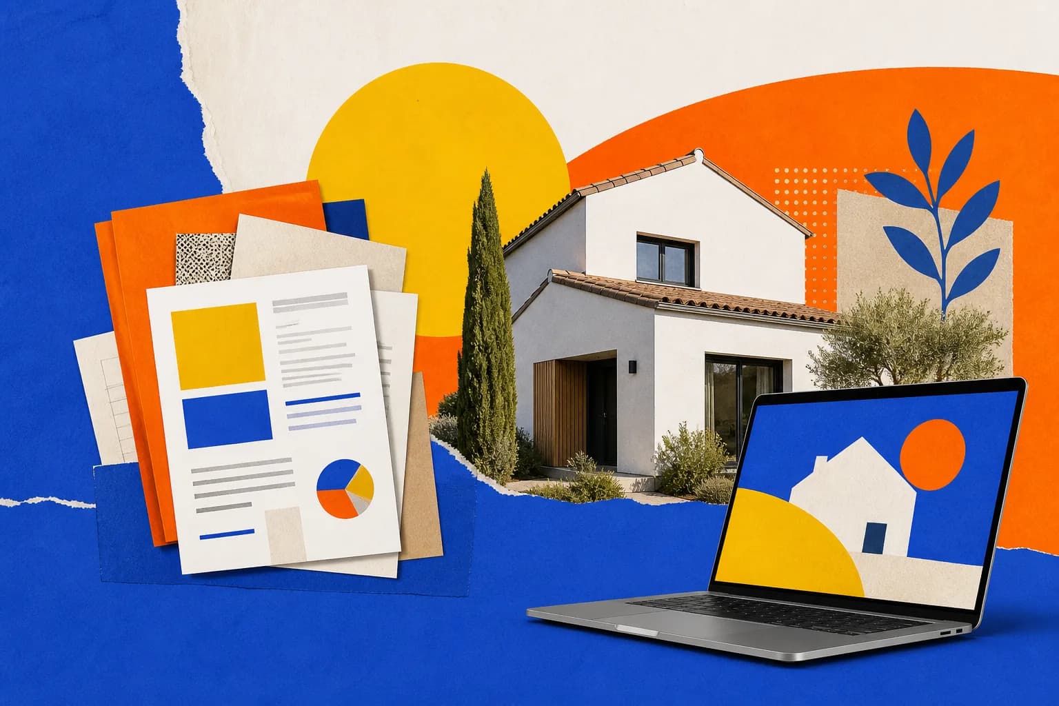 Collage de documentos, vivienda y ordenador en azul, naranja y amarillo