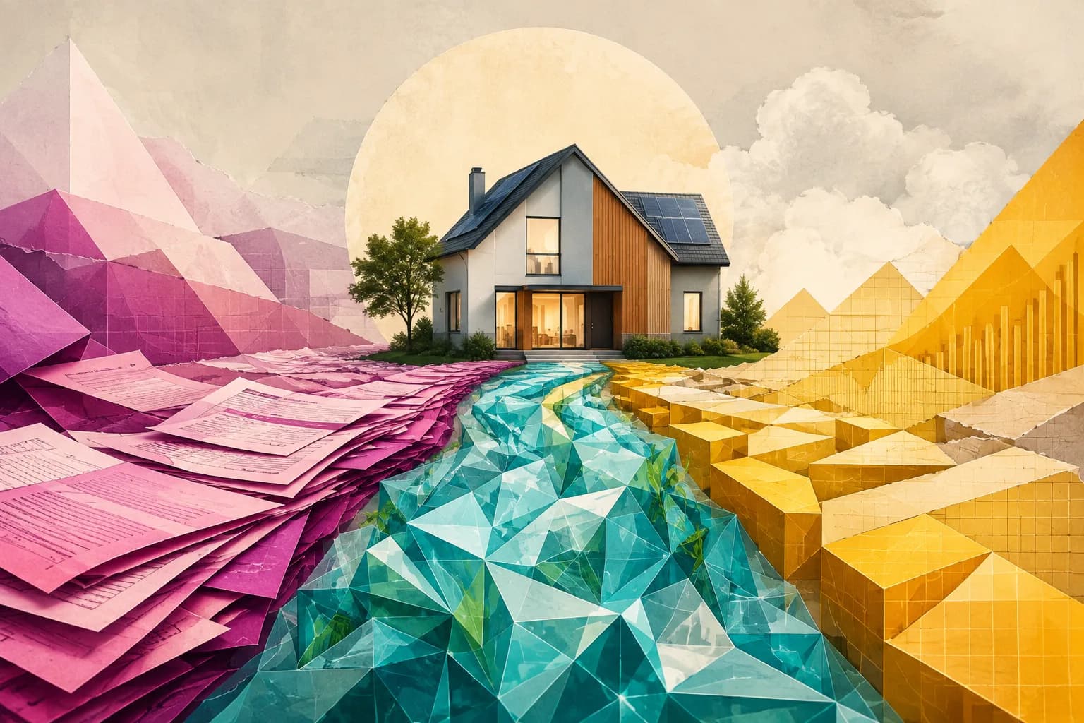 Tres corrientes gráficas magenta, turquesa y amarilla convergen hacia una vivienda