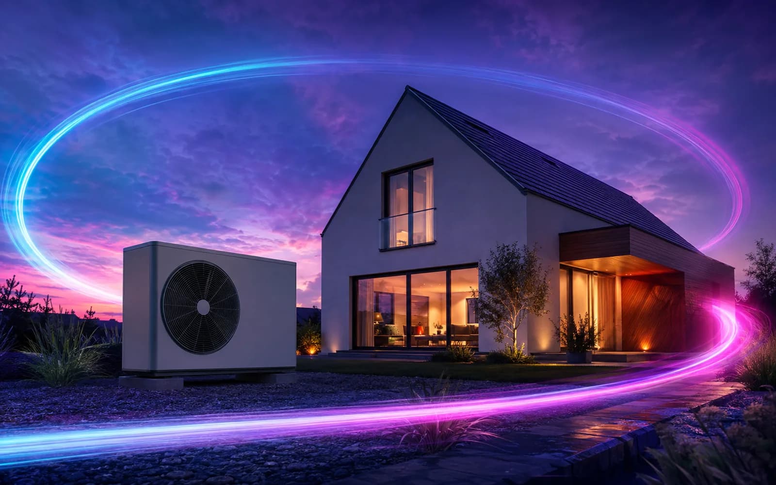 Vivienda y unidad exterior rodeadas por un recorrido de luz nocturna