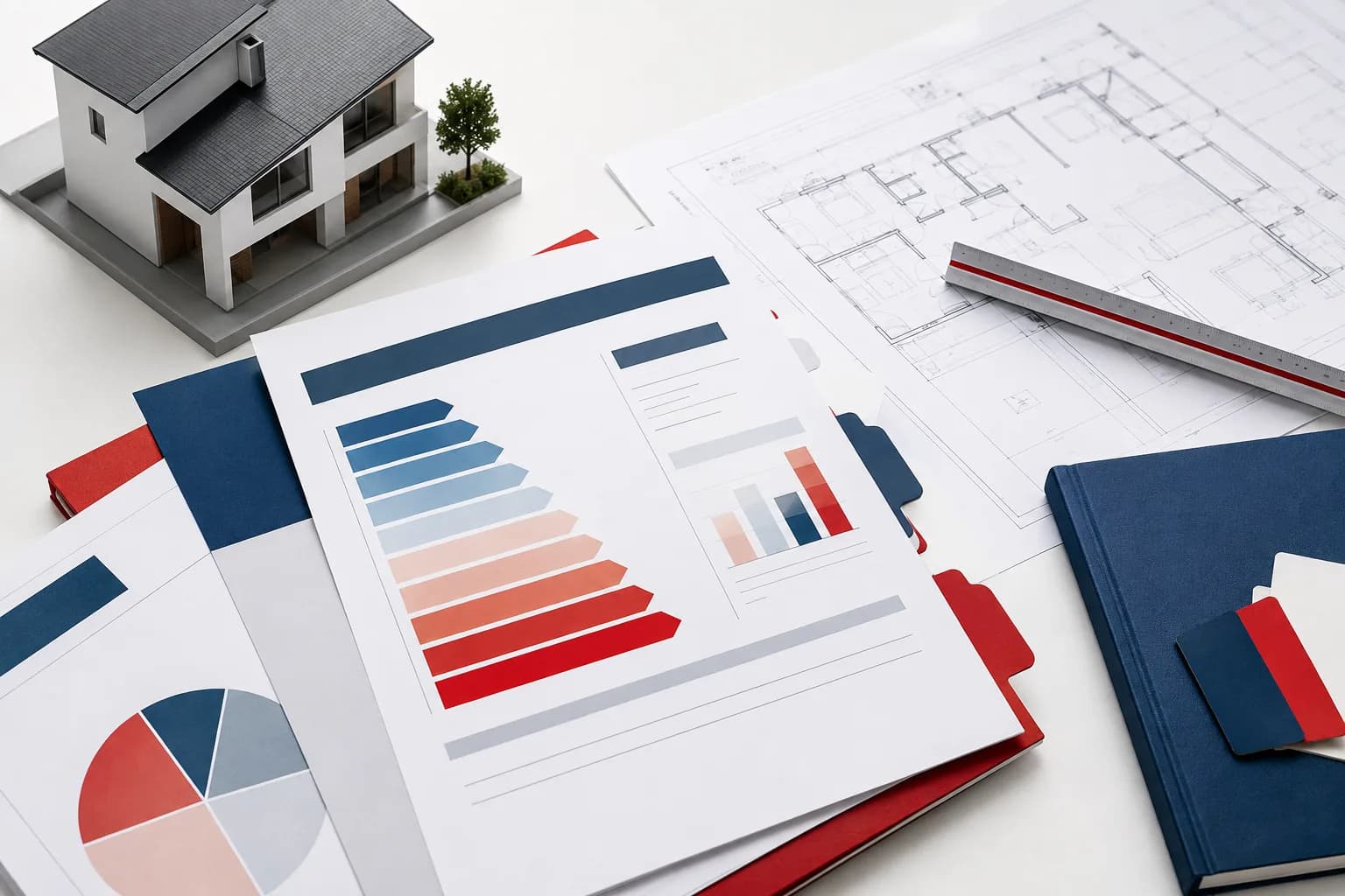 Mesa cenital con maqueta de vivienda, planos y documentación energética en azul y rojo