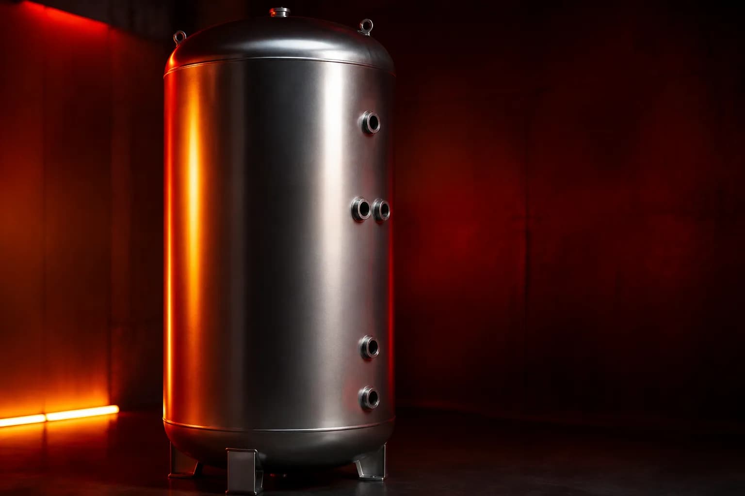 Depósito de inercia cilíndrico iluminado con reflejos rojos y naranjas