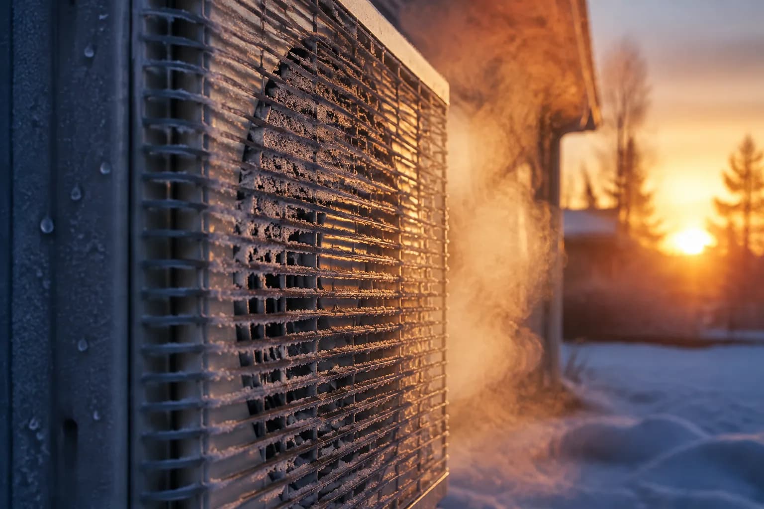 Unidad exterior cubierta de escarcha y vapor durante un amanecer invernal