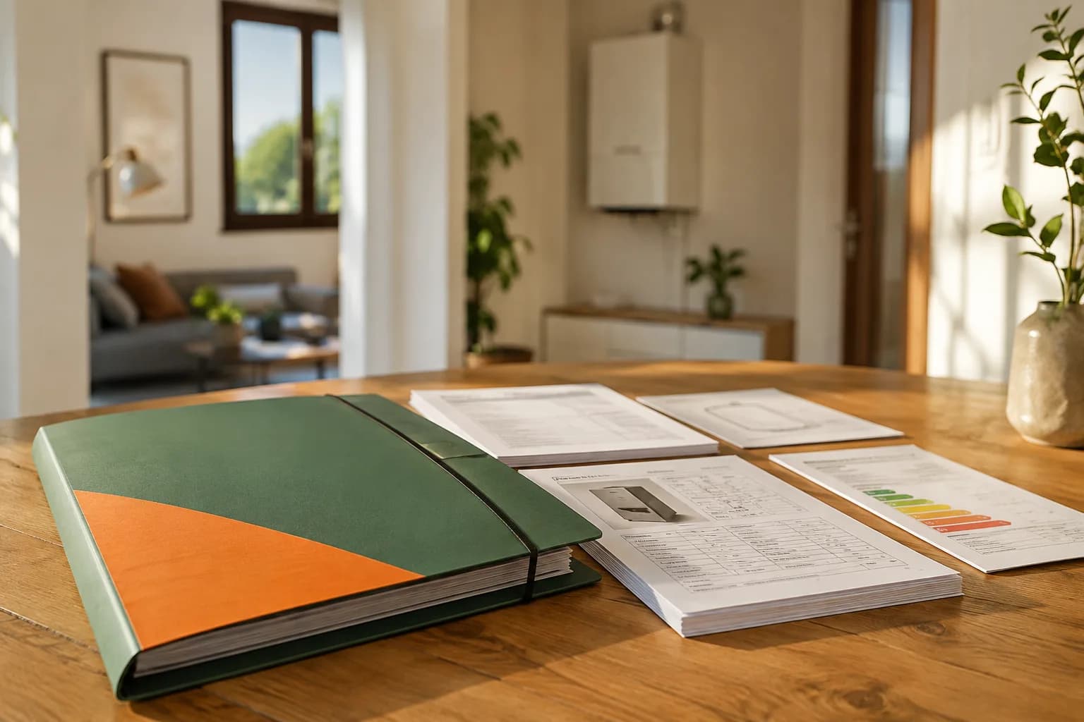 Carpeta verde y naranja con documentación técnica frente a una vivienda renovada