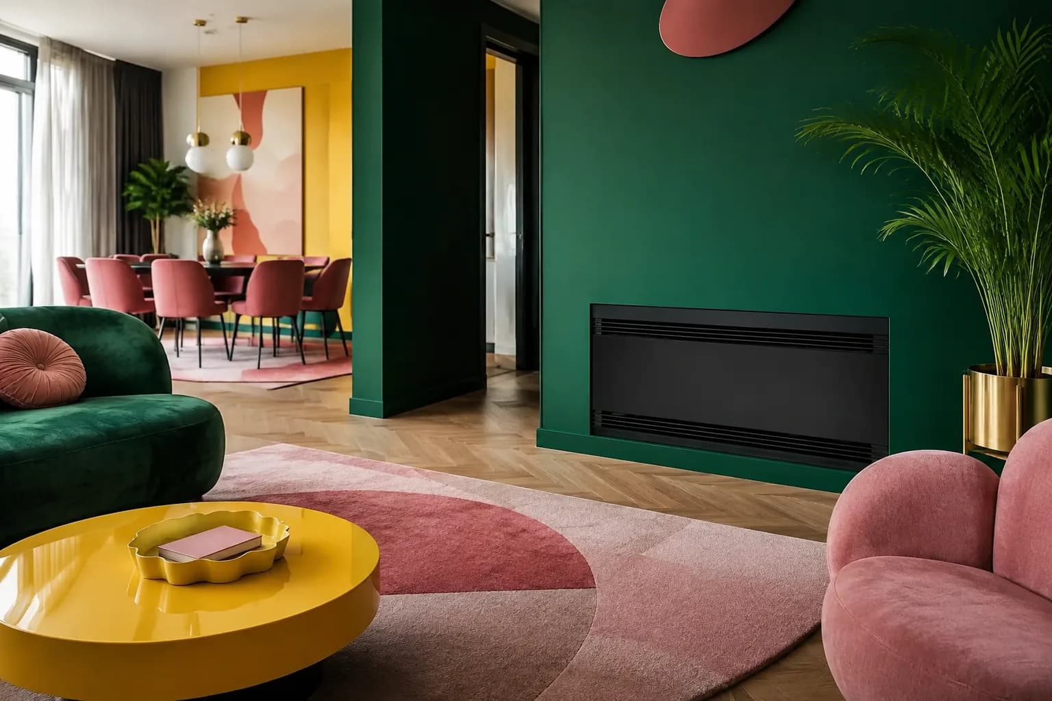 Apartamento de colores intensos con un fan coil integrado en la pared