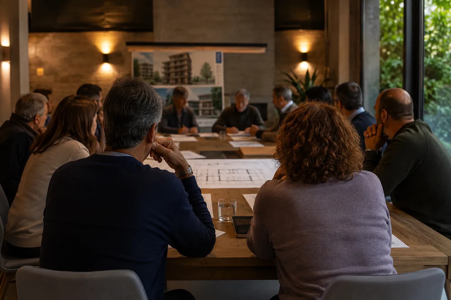 Propietarios reunidos alrededor de una mesa con planos y documentos