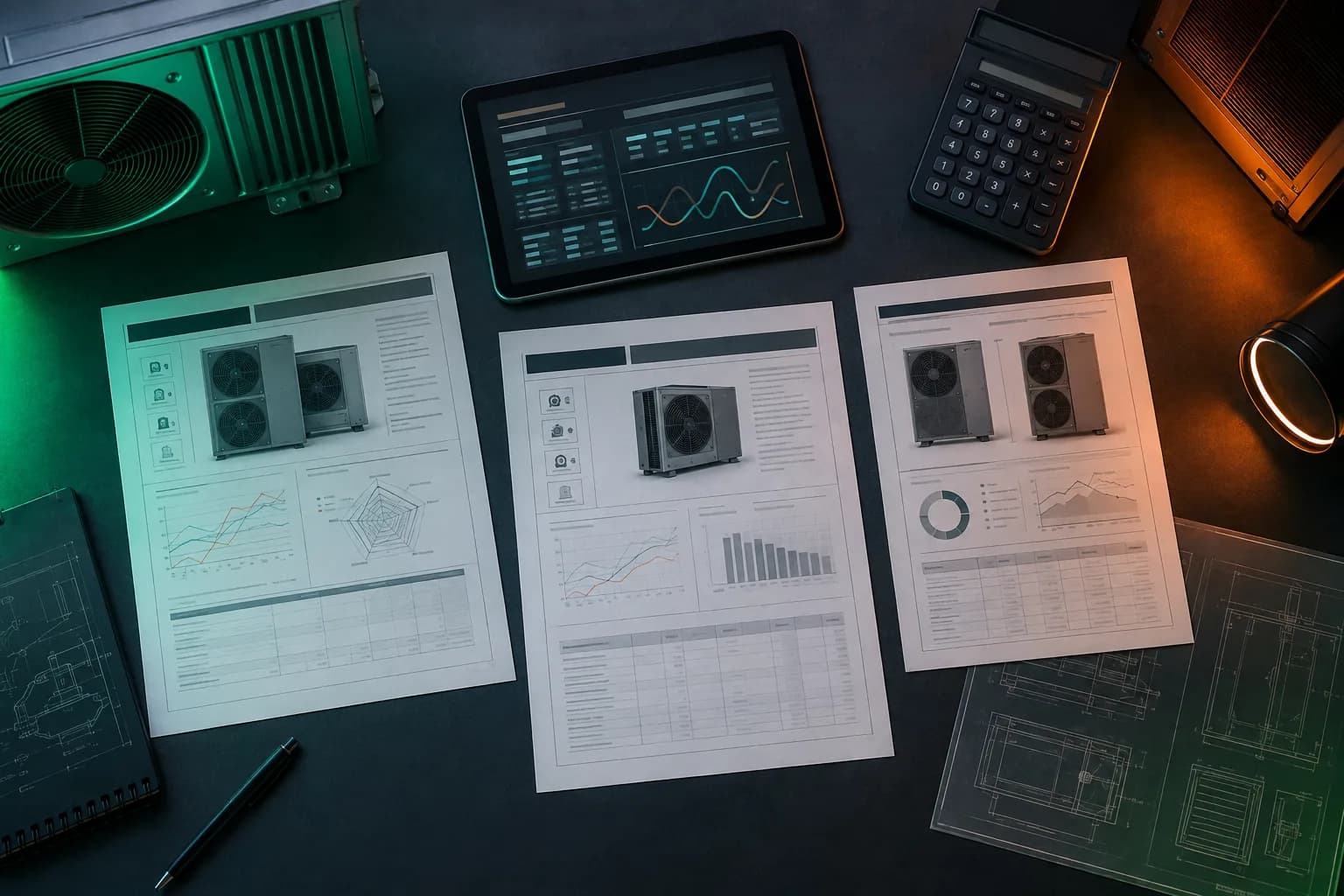 Escritorio con fichas técnicas, gráficos, tableta y calculadora sin marcas
