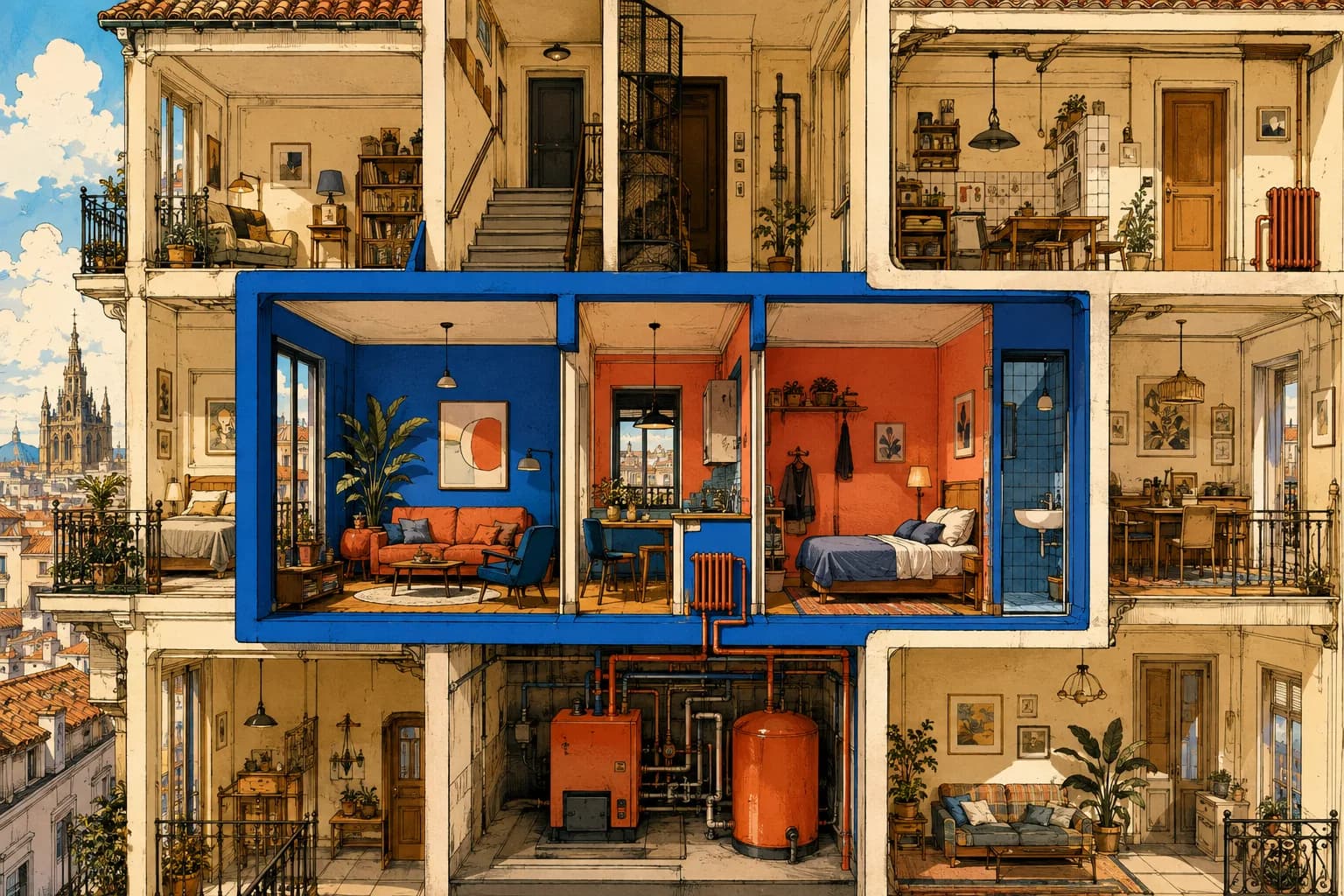 Ilustración de un edificio con una vivienda resaltada en azul y naranja