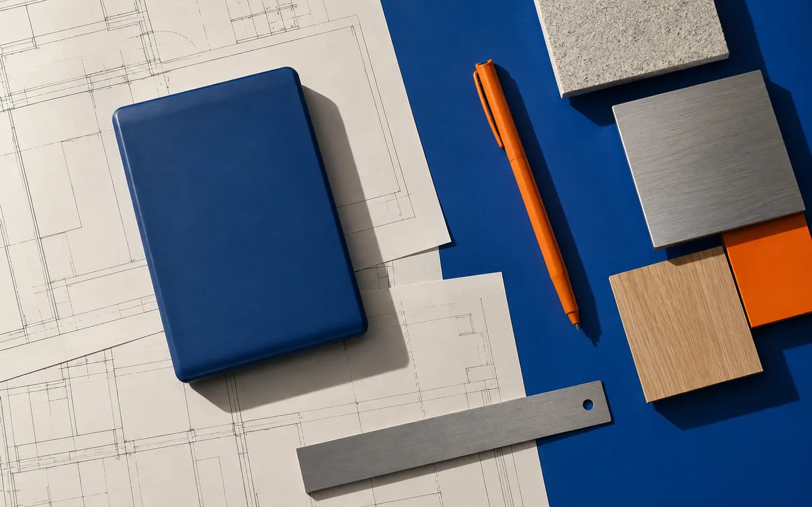 Planos, muestras y material de trabajo dispuestos sobre una mesa azul