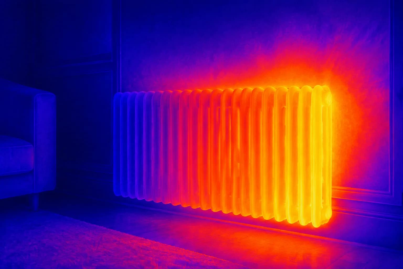 Radiador reinterpretado como imagen térmica en azul, rojo y amarillo