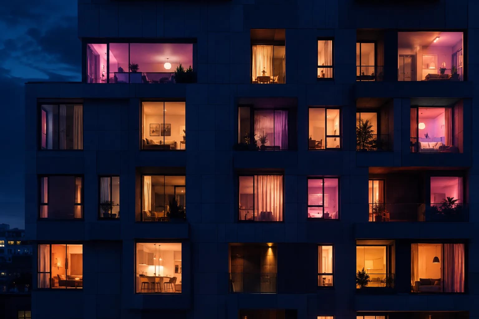 Fachada nocturna con viviendas iluminadas de forma diferente
