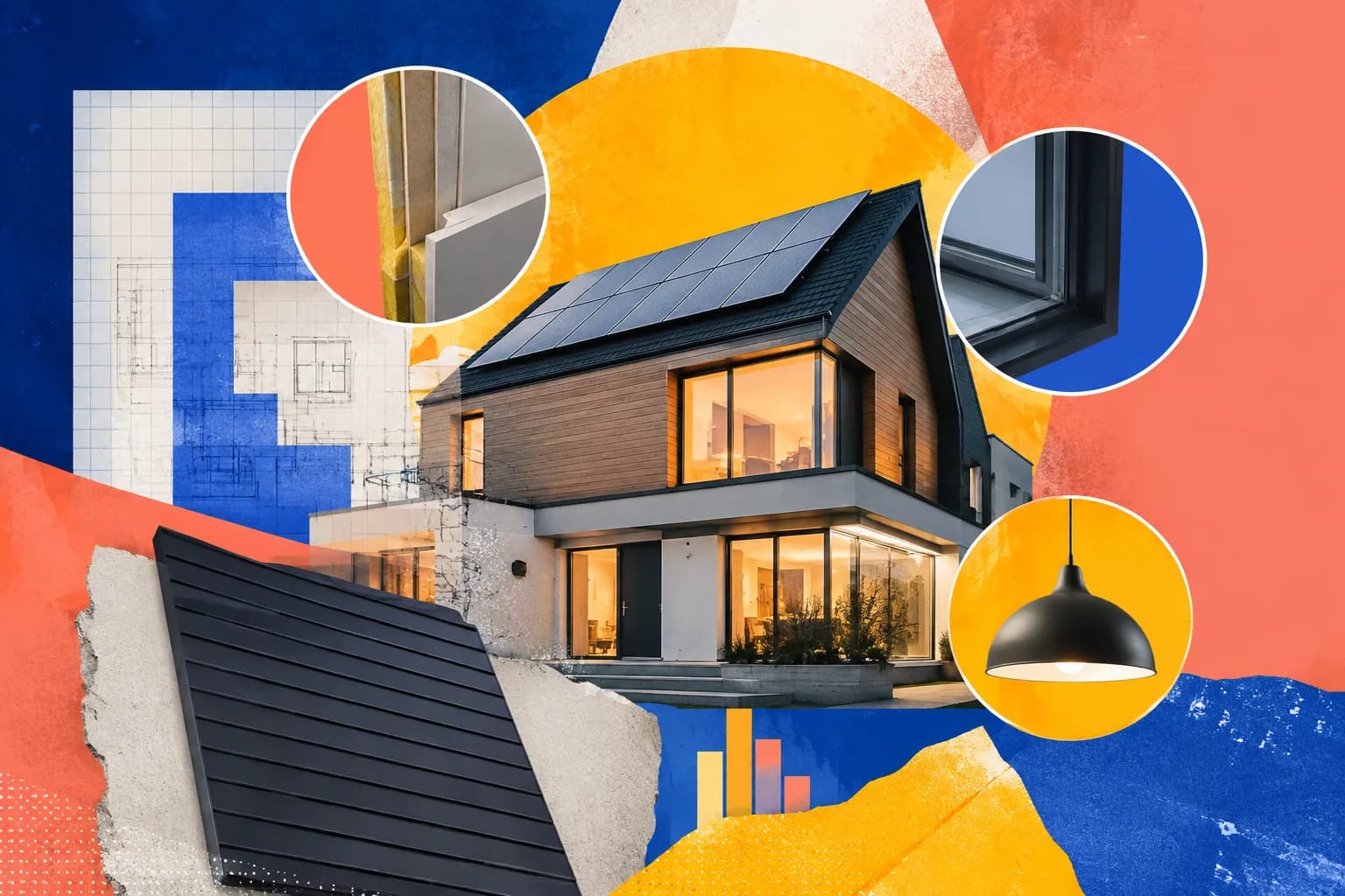 Composición editorial de una vivienda, documentos y elementos energéticos abstractos