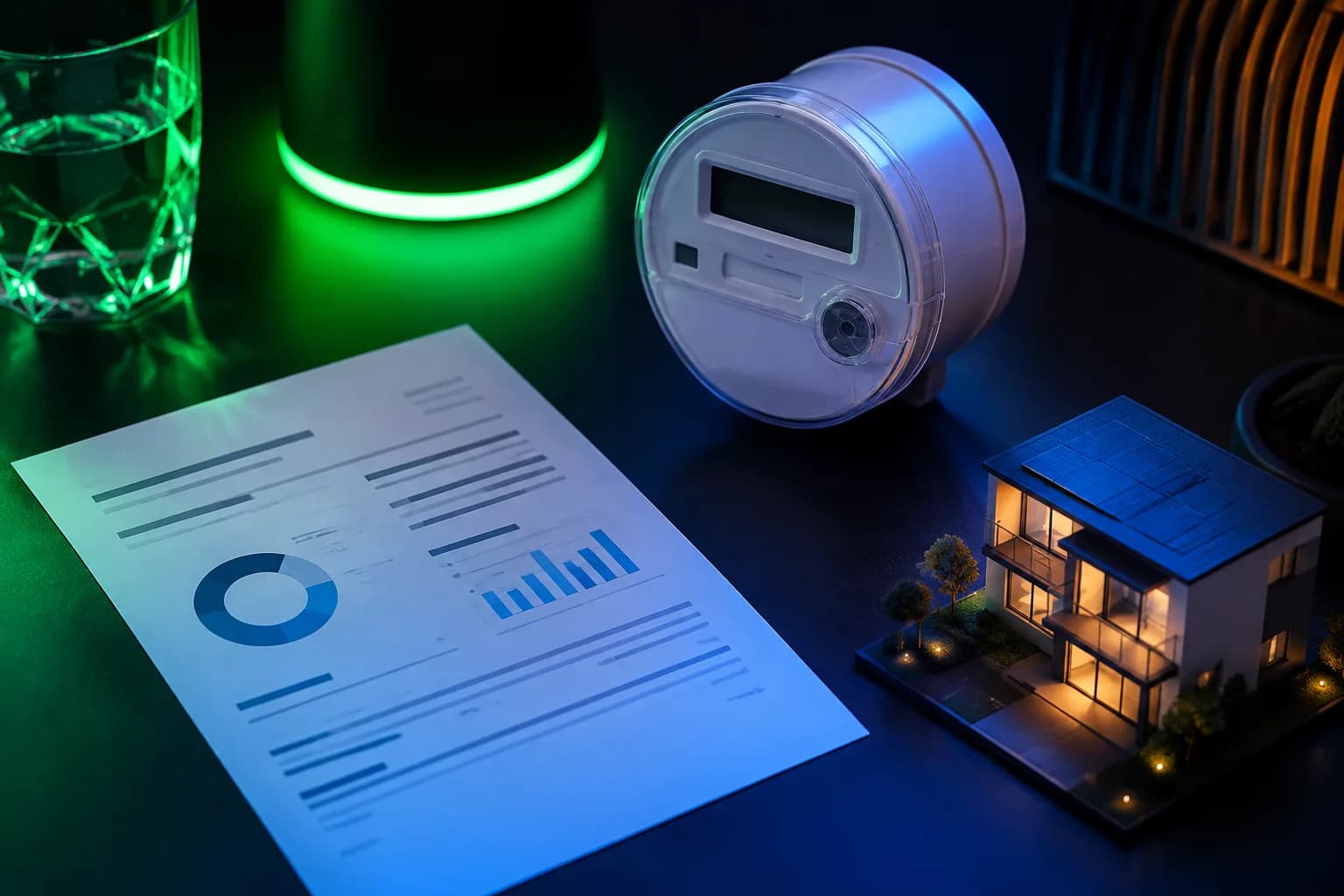 Factura abstracta, contador y maqueta de vivienda iluminados con neón